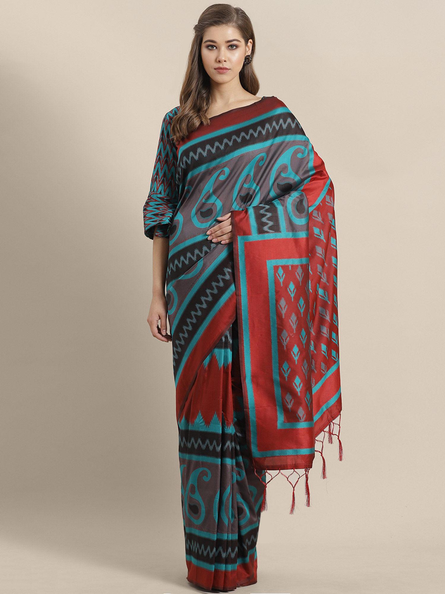 teal green & red cotton silk printed saree with unstitched blouse