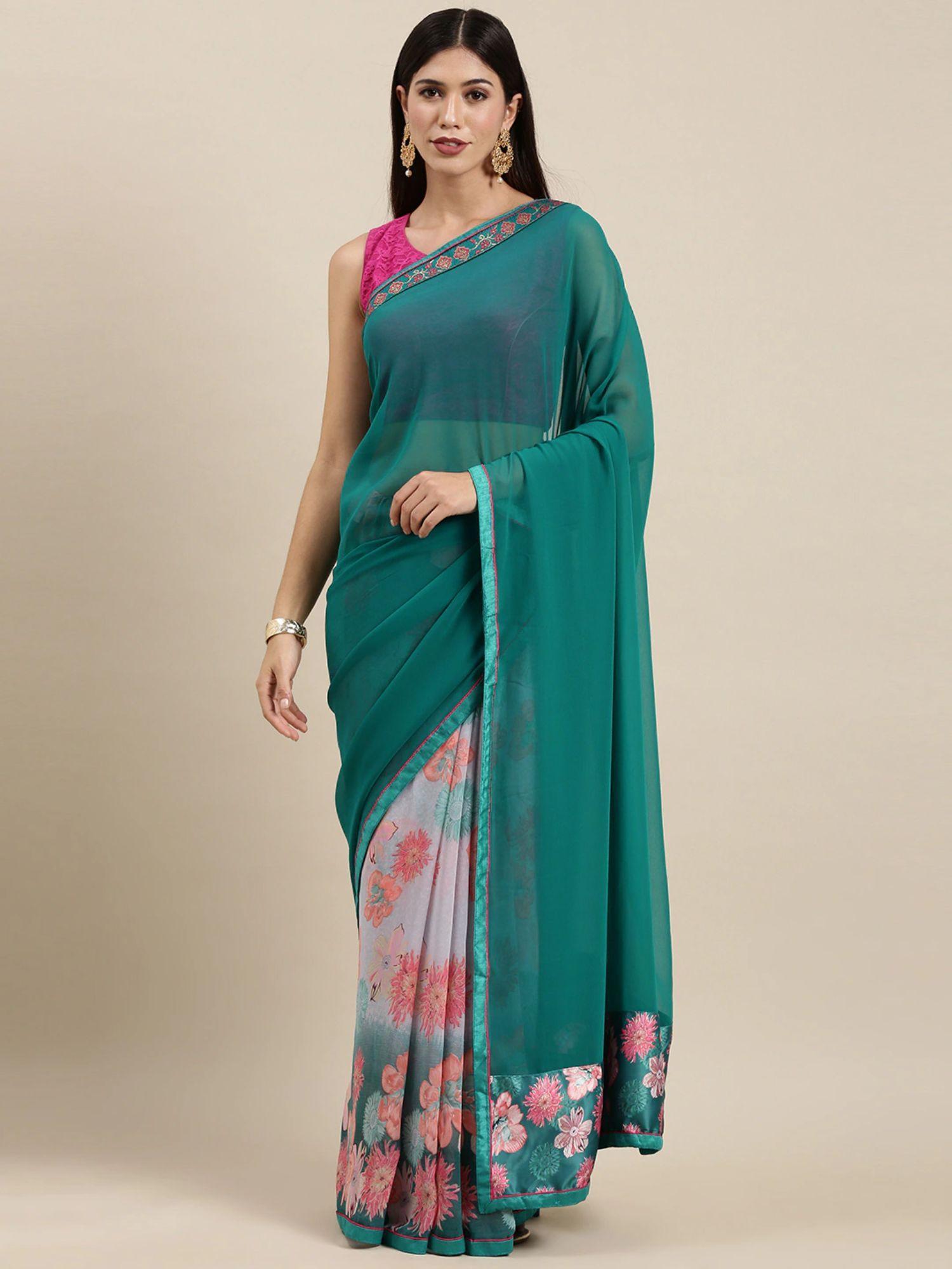 teal green and pink floral print half and half saree with unstitched blouse