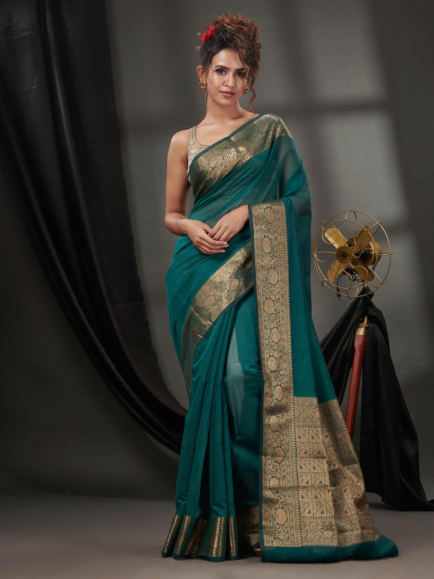 teal green blend cotton handwoven saree with zari borders & unstitched blouse