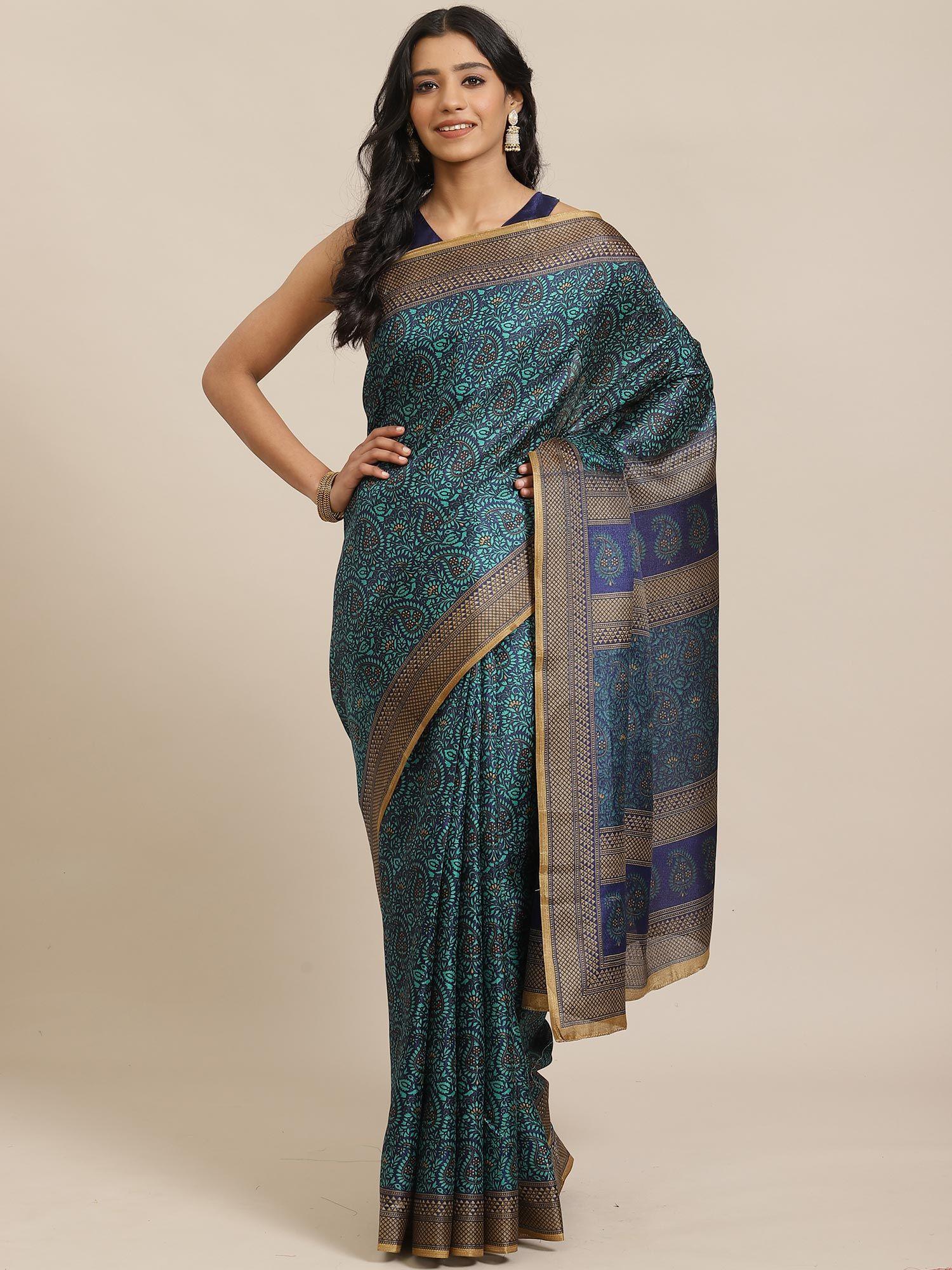 teal green casual art silk printed saree with unstitched blouse