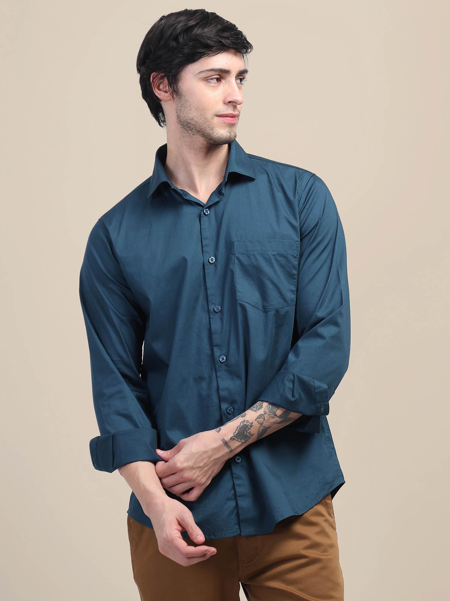 teal green casual shirt for men with regular fit and solid design