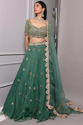 teal green embroidered lehenga set