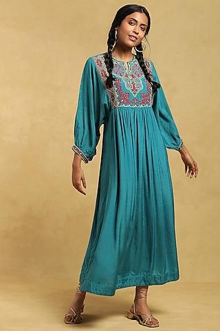 teal green embroidered maxi dress