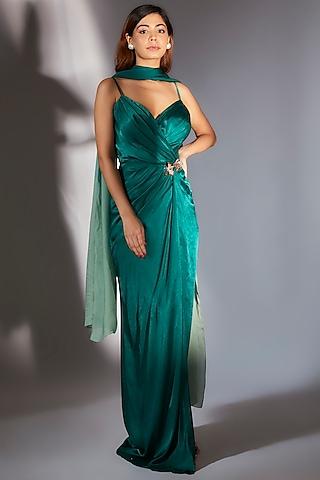 teal green gajji silk embroidered draped dress with scarf