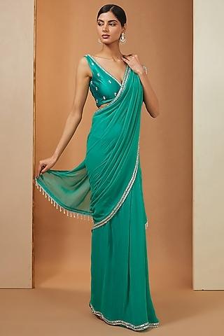 teal green georgette embellished saree set