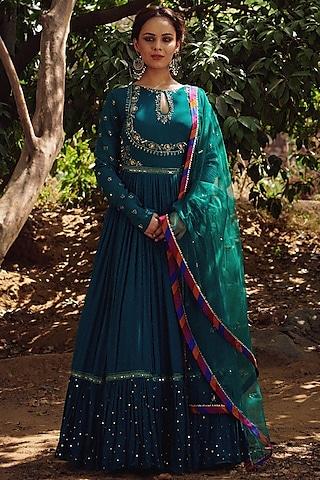 teal green hand embroidered anarkali set