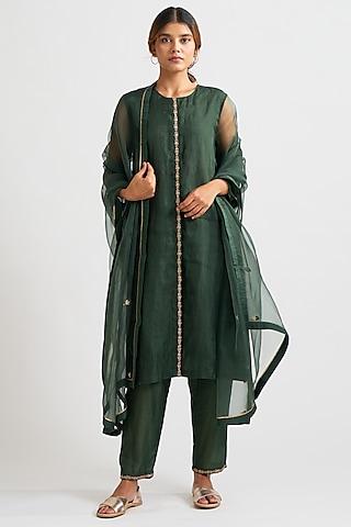 teal green hand embroidered kurta set