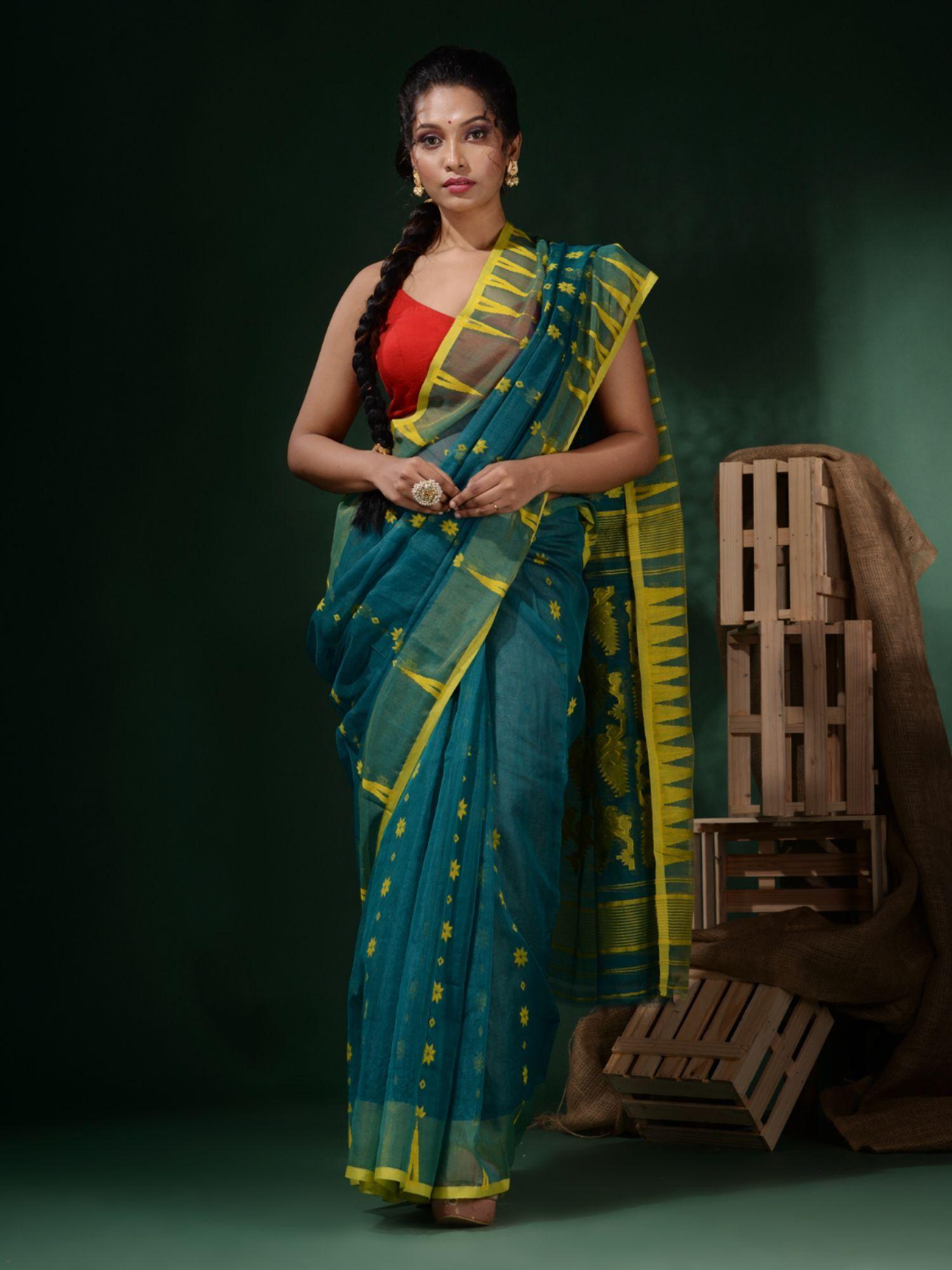 teal green handwoven cotton jamdani woven designs saree