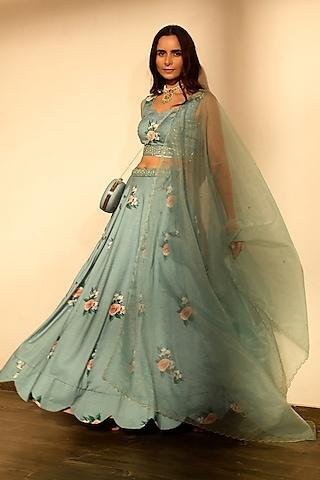 teal green linen kali lehenga set