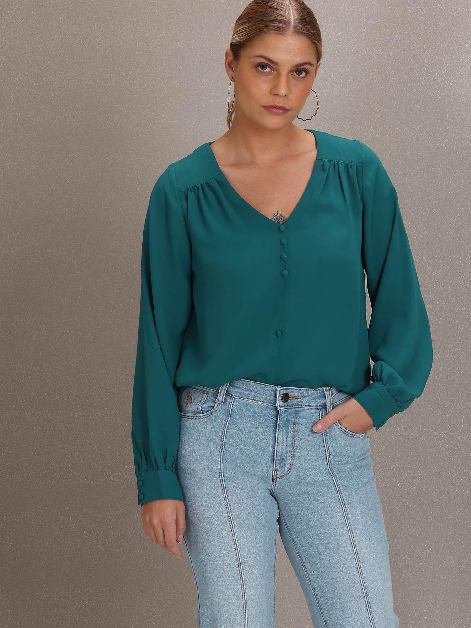 teal green mock button placket long sleeve top