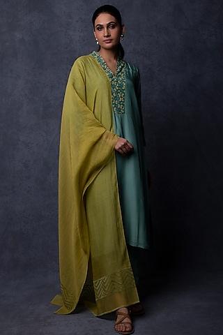 teal green muslin patchwork embellished straight-fit kurta set