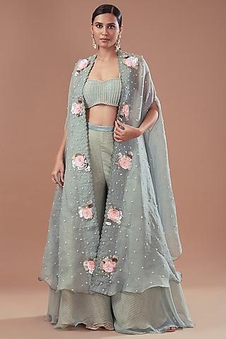 teal green organza & chiffon embroidered cape set