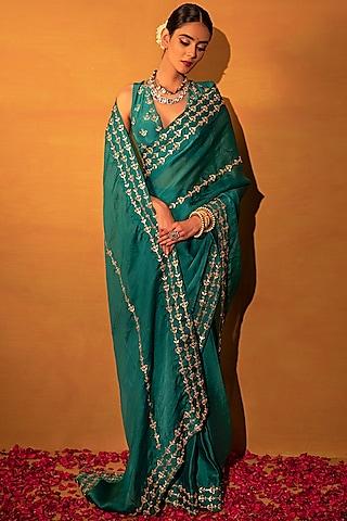 teal green organza sequins embellished saree set