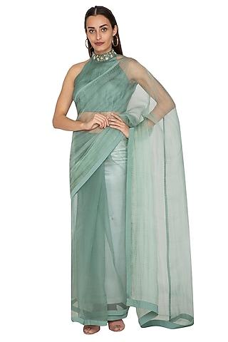 teal green organza shibori printed saree set