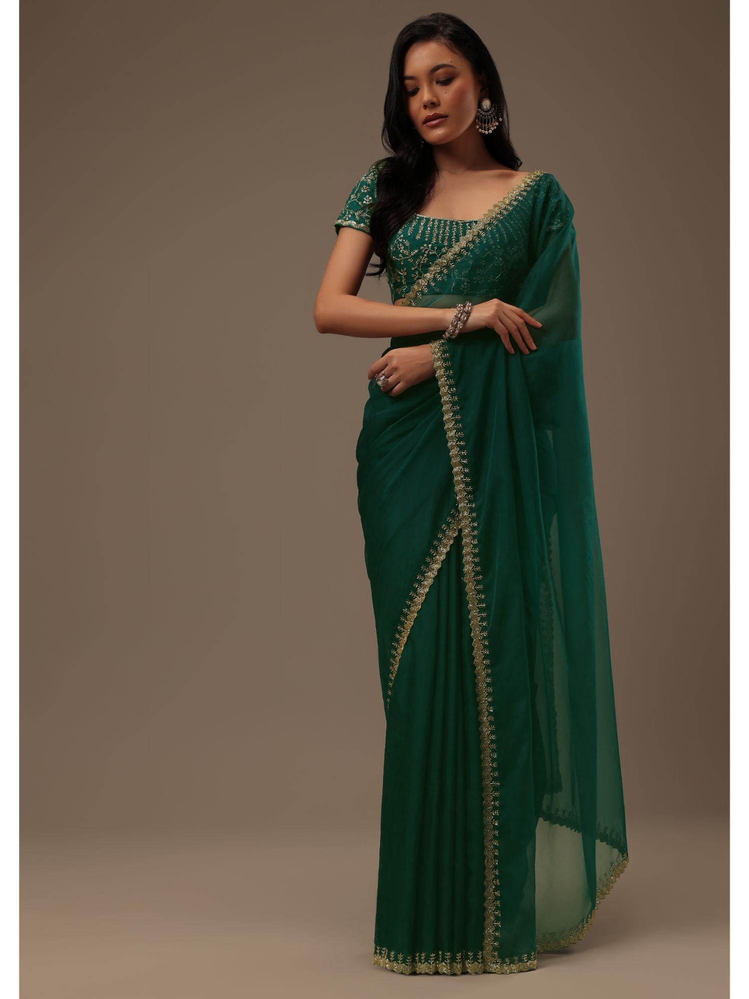 teal green plain organza saree with unstitched blouse