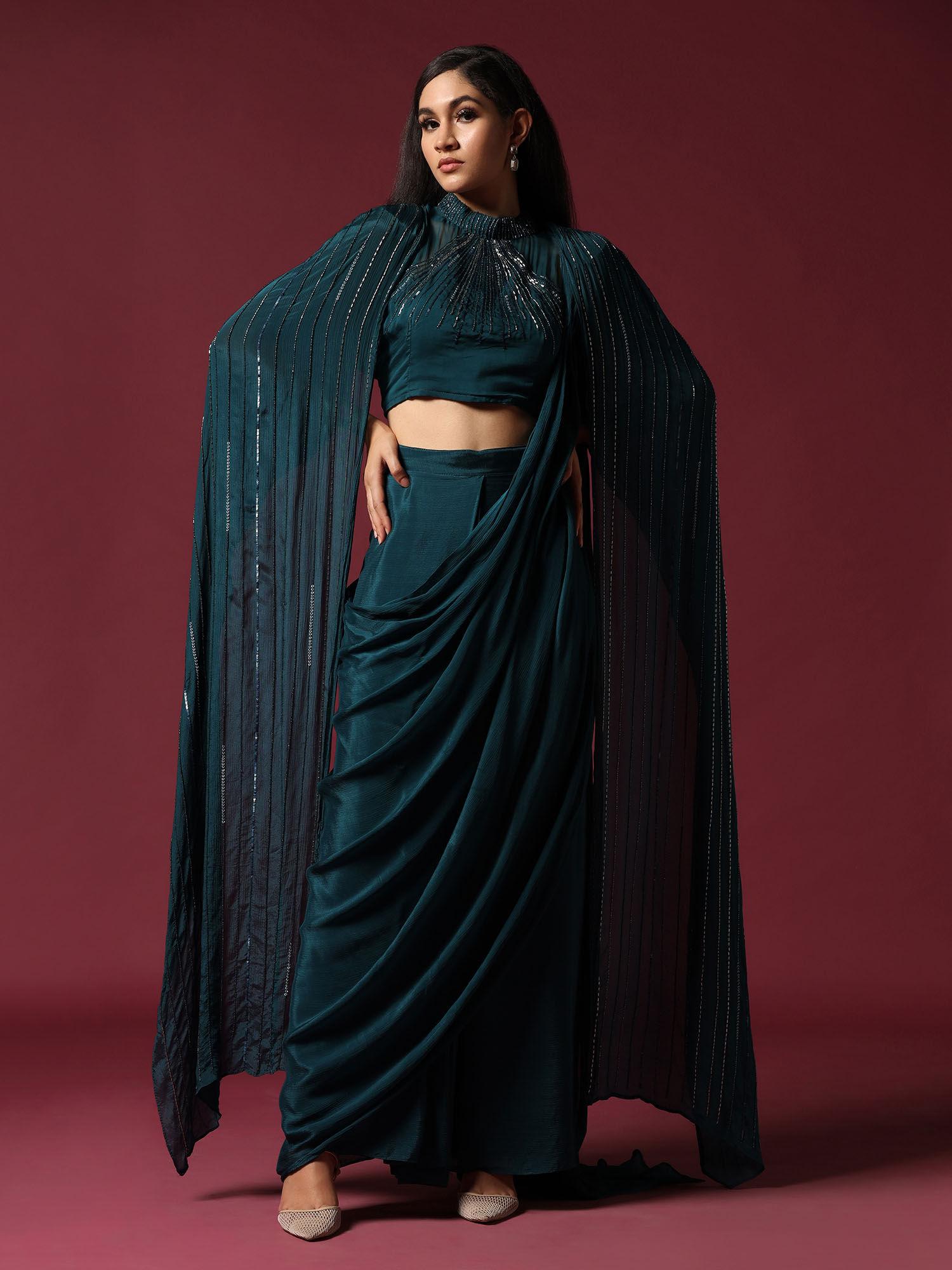 teal green pre-draped saree with cape& stitched blouse