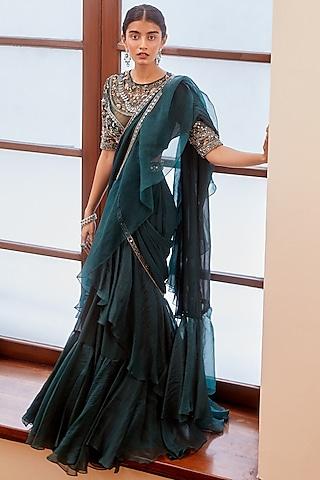 teal green pre-stitched ruffled saree set