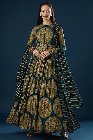 teal green printed anarkali set