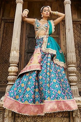 teal green printed lehenga set