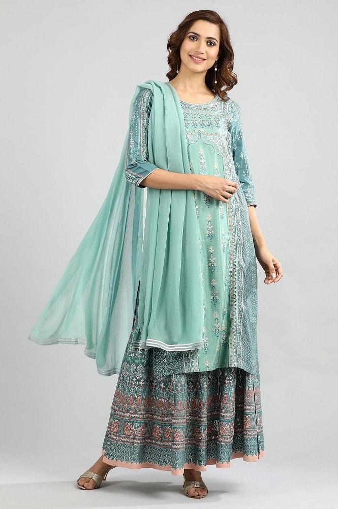 teal green round neck printed kurta set