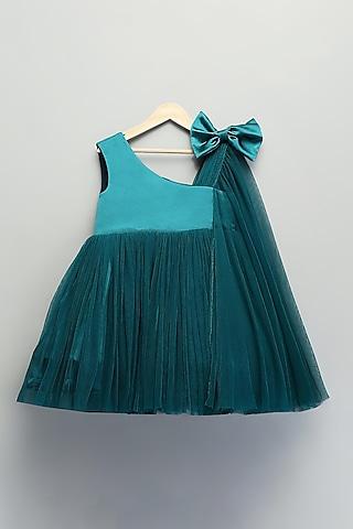 teal green satin & soft net frilled dress for girls