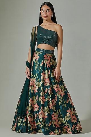 teal green satin floral printed handcrafted lehenga set