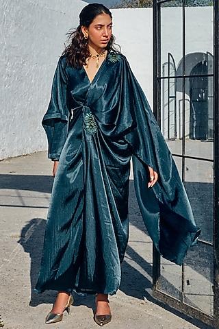 teal green satin hand embroidered draped gown