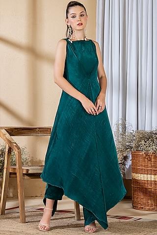 teal green satin pleated draped tunic set