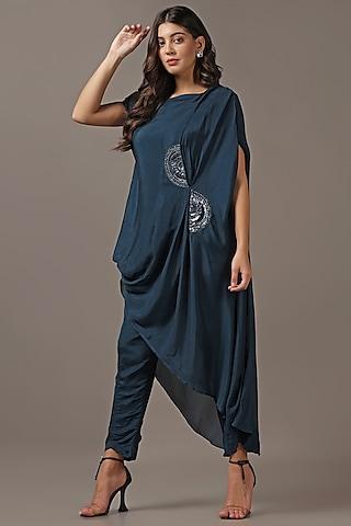 teal green silk asymmetric off-shoulder kurta set