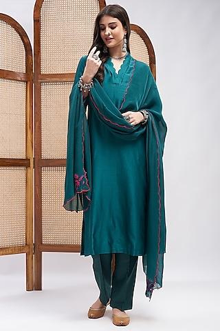 teal green silk chanderi kurta set