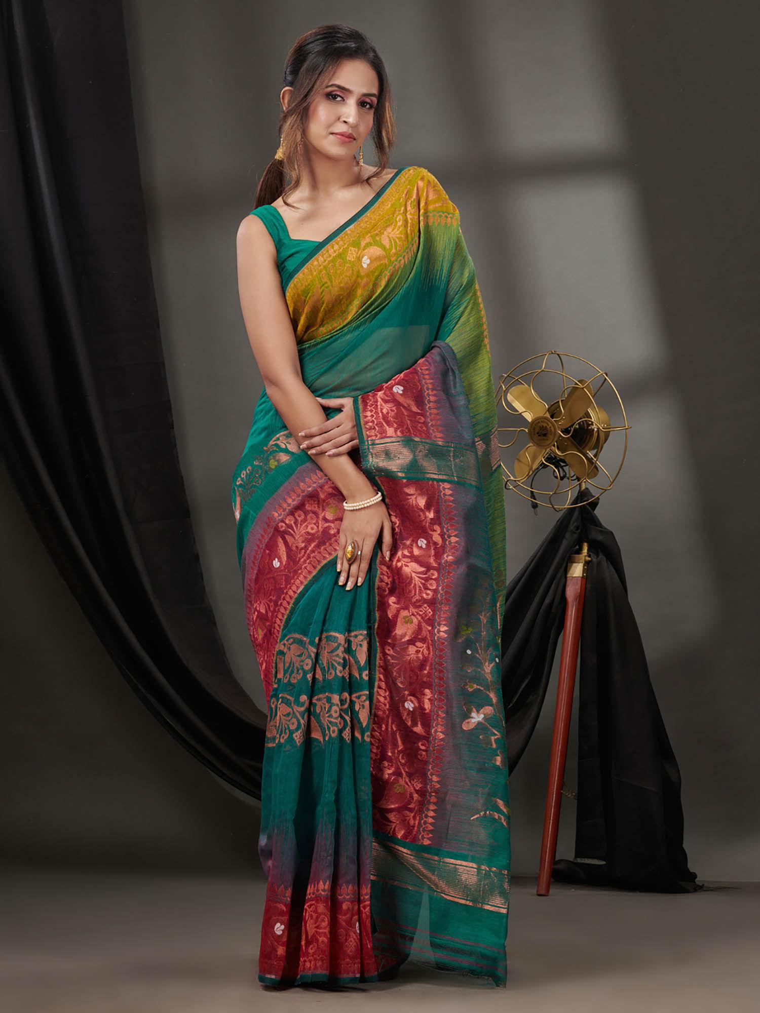 teal green silk cotton jamdhani handwoven saree without blouse & zari woven designs