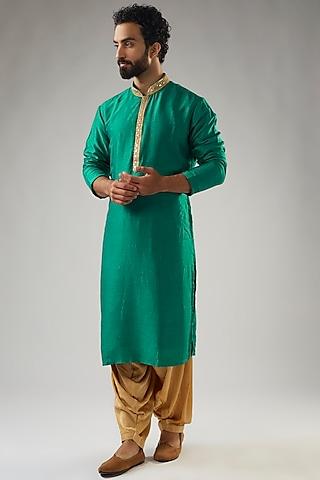 teal green silk embroidered kurta set