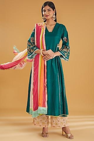 teal green silk hand embroidered kurta set