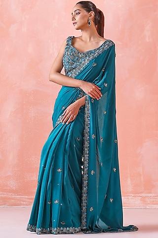 teal green silk organza & viscose georgette sequins embroidered draped saree set