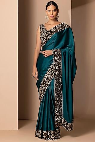 teal green silk satin rhinestone embellished saree set