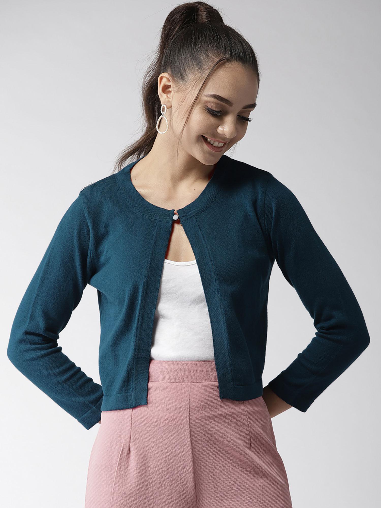 teal green solid cropped shrug