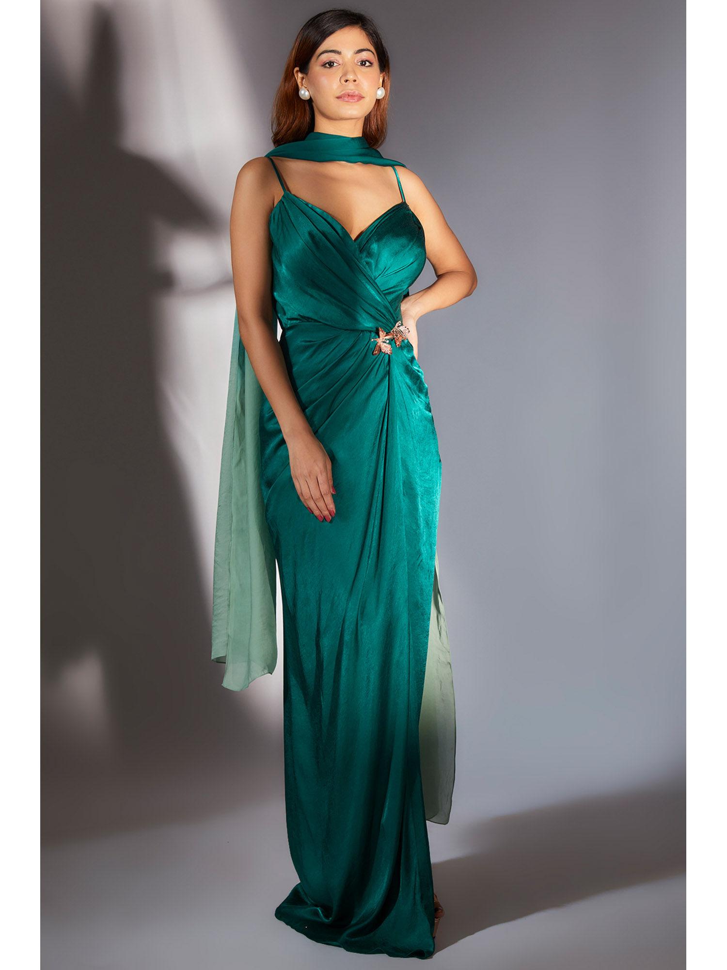 teal green solid draped dress with ombre scarf (set of 2)