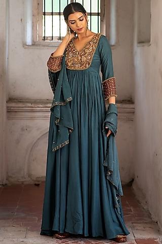 teal green upada silk embroidered anarkali set