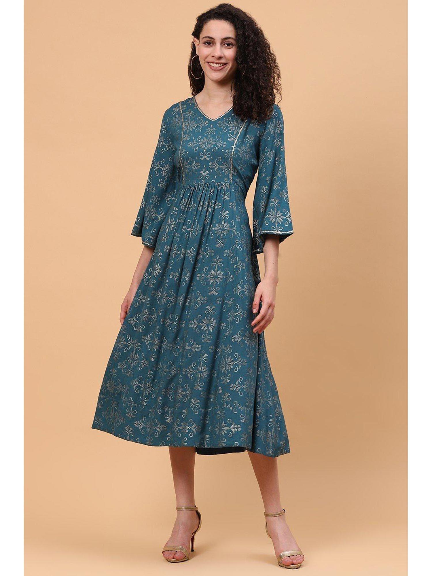 teal green viscose rayon flared dress