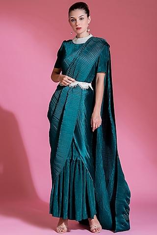 teal green viscose satin pleated saree set