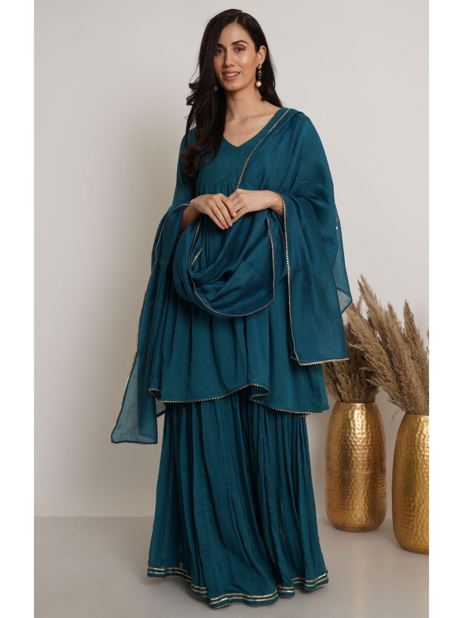 teal green yoke kurta with sharara and dupatta (set of 3)