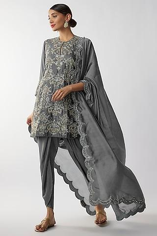teal grey silk zari embroidered kurta set