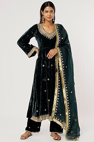 teal hand embroidered anarkali set