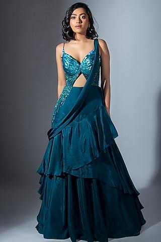 teal hand embroidered layered gown