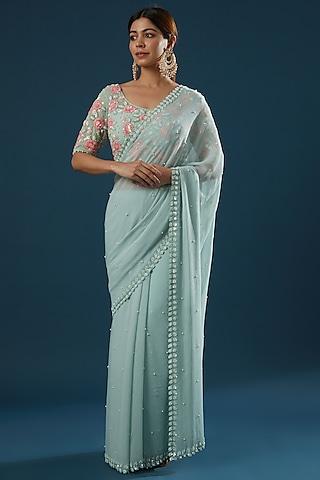 teal hand embroidered saree set