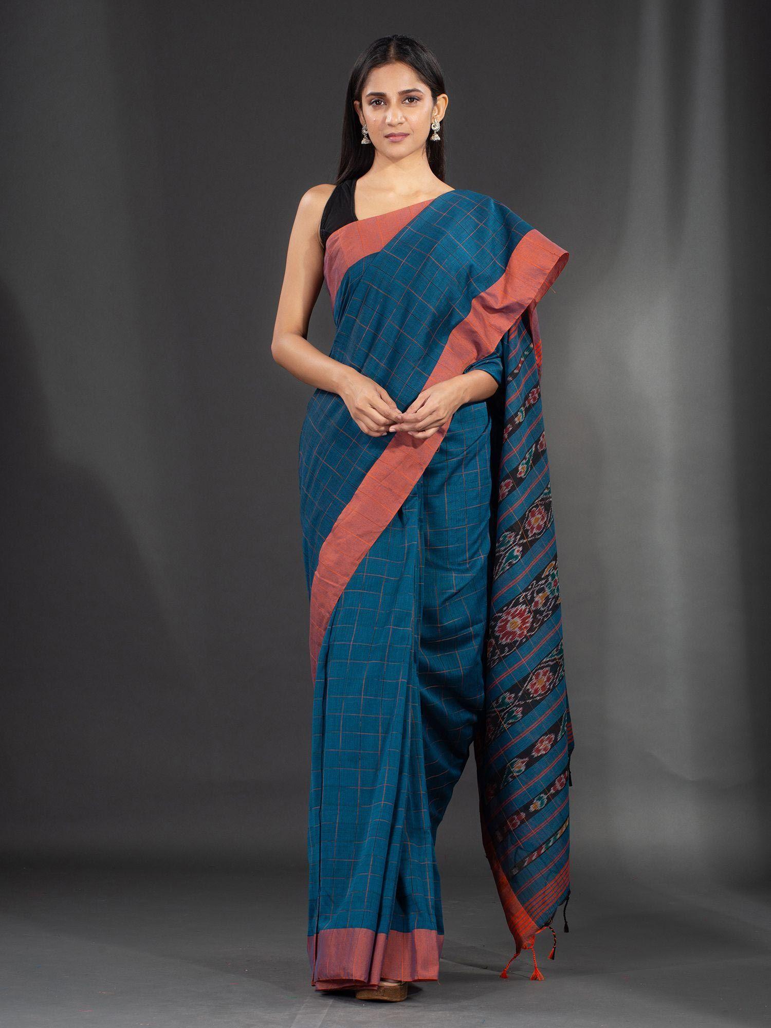 teal handspun cotton hand woven soft saree with floral in pallu with unstitched blouse