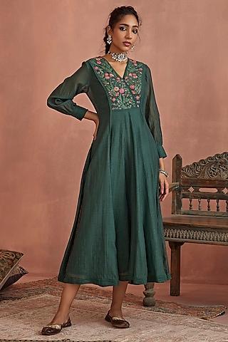 teal handwoven chanderi hand embroidered angrakha dress