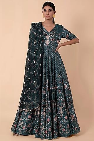 teal handwoven printed anarkali set