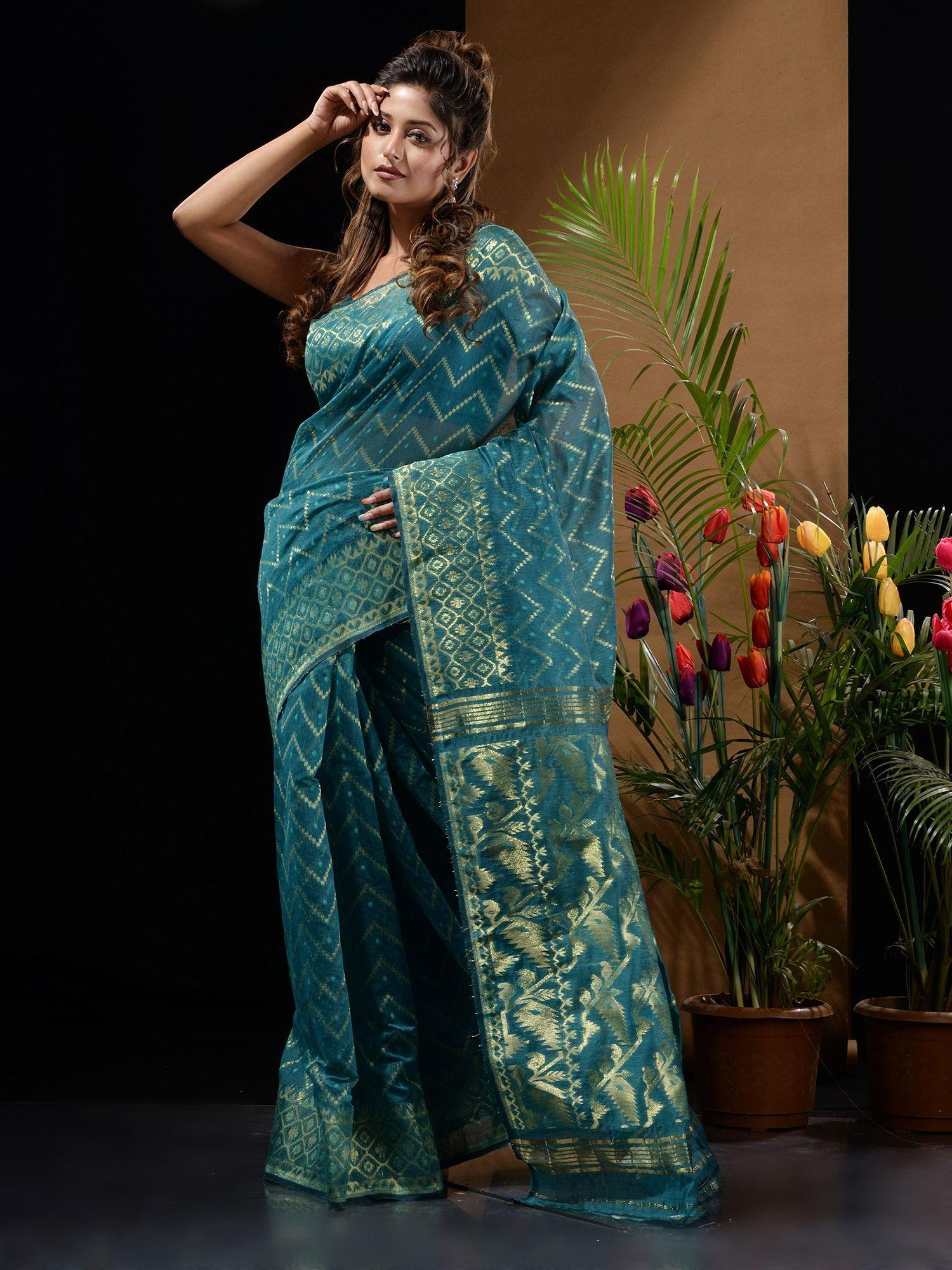 teal handwoven saree with zari woven chevron designs