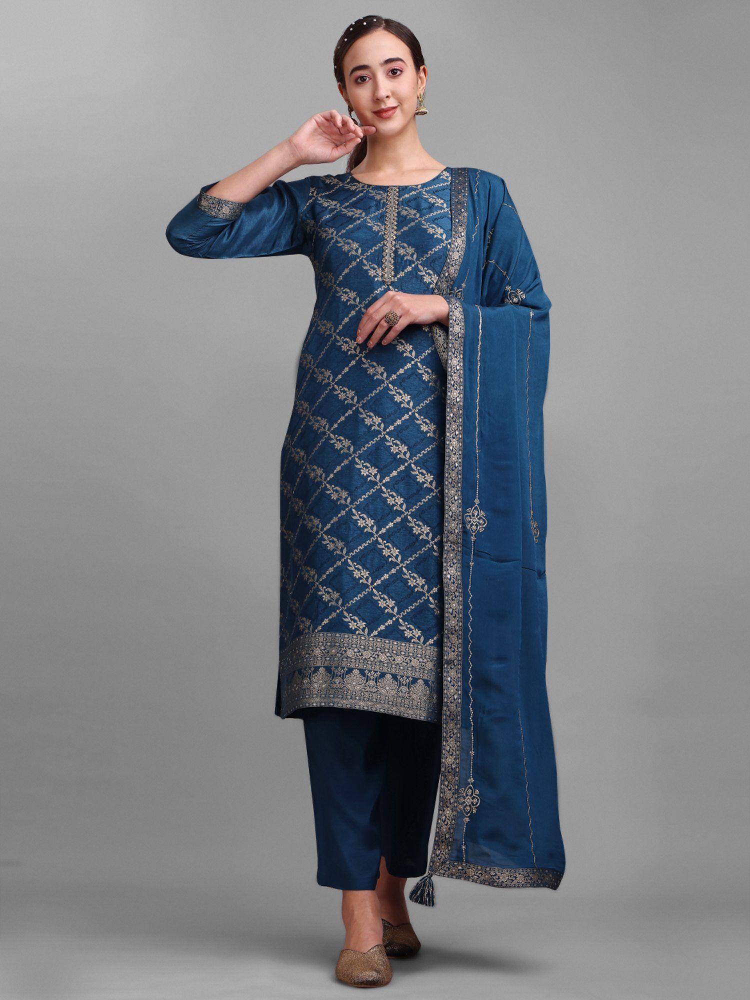 teal jacquard silk straight kurta with trousers and dupatta (set of 3)